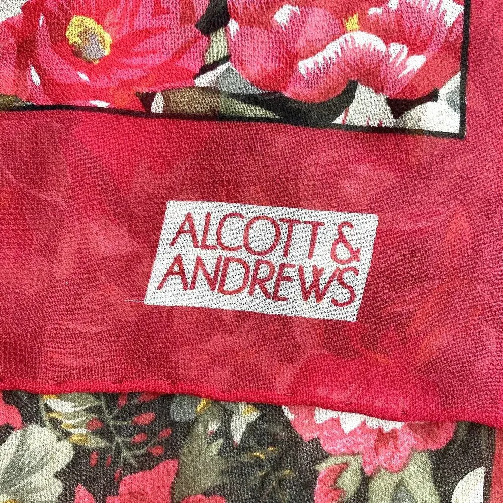 Alcott & Andrews sheer silky crepe scarf red & green floral square cottagecore